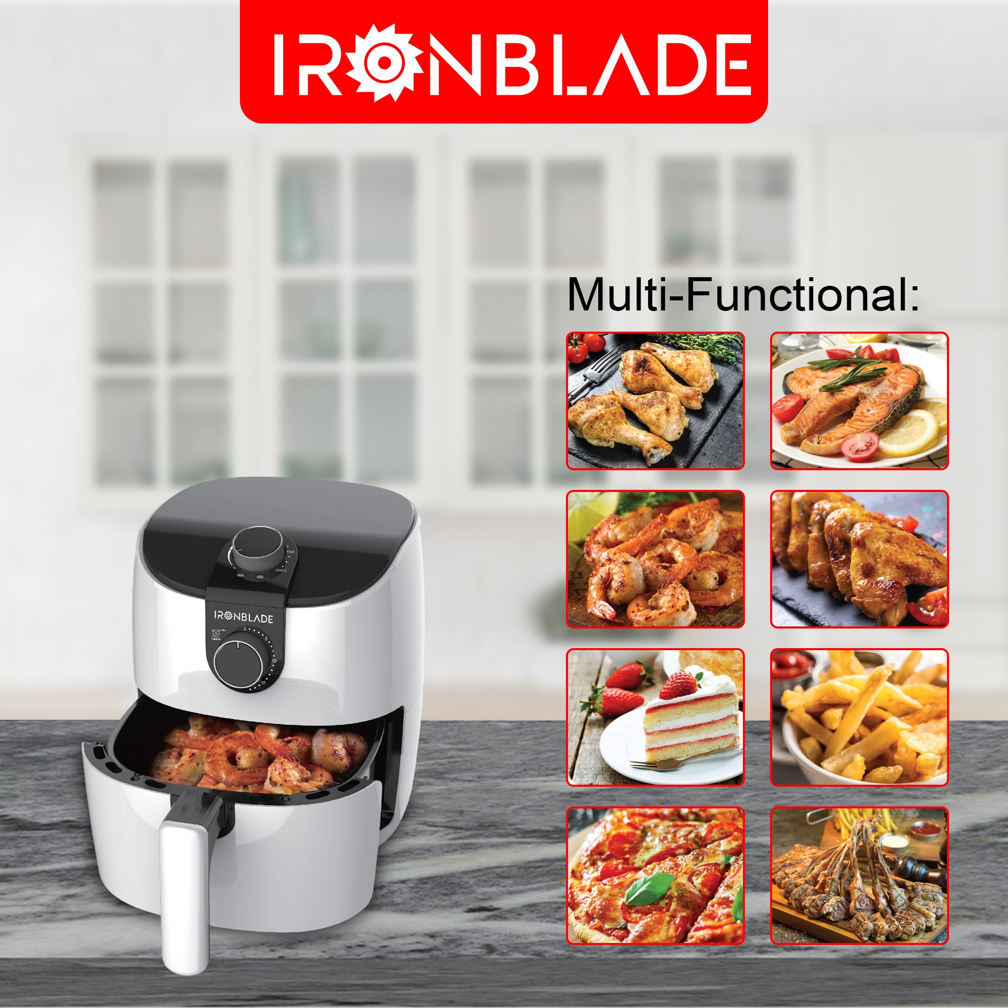 IronBlade Multi-Functional Air Fryer, 1500W, 3.7 Quart Capacity, Adjustable Timer, Non-Slip Handle, Temperature Range 105°F to 400°F IronBlade Multi-Functional Air Fryer, 1500W, 3.7 Quart Capacity, Adjustable Timer, Non-Slip Handle, Temperature Range 105°F to 400°F
